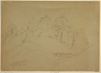 Dessin, rivière Rio Virgin avec de grandes formations rocheuses, 1873