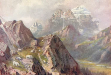 Temple du Mont, avec des chèvres sauvages en train de se nourrir (lithographie couleur)