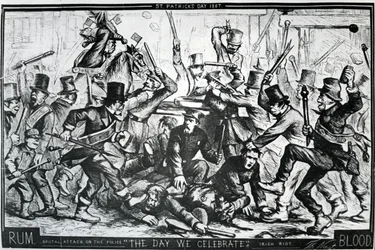 Caricature représentant les émeutes à New York le jour de la Saint-Patrick 1867, publiée dans Harper