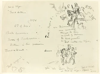 Feuille de croquis : Soldat à cheval et soldat au sabre condamnant un prisonnier (recto) ; feuille de croquis (verso)