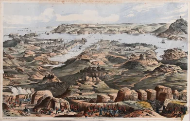 Vue de Sébastopol depuis les ouvrages de siège britanniques, la batterie du marin et la batterie du canon Lancaster