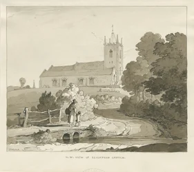 Église de Seighford : dessin au lavis sépia