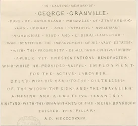 Trentham - Inscription sur le monument au duc de Sutherland