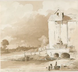 Château de Tutbury : Vue lointaine depuis la rivière Dove : dessin au crayon et lavis, 1836