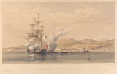 H.M.S. Highflyer, capitaine John Moore C.B. &c., au mouillage au large de Soukoum Kaleh-Abasia, Omar Pacha quittant le navire, octobre 1855
