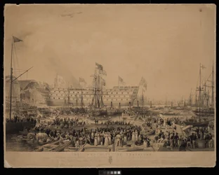 Le lancement du Trafalgar, en présence de Sa Très Gracieuse Majesté la Reine Victoria et de Son Altesse Royale le Prince Albert, au chantier naval de Woolwich