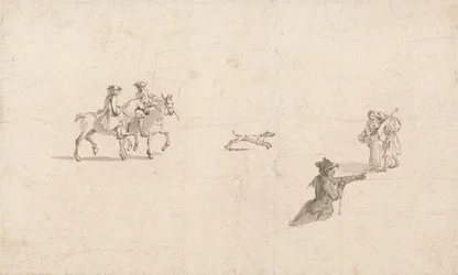 Cavaliers, figures et un chien