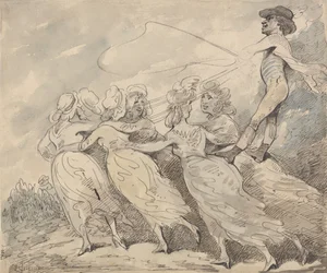 Un homme conduisant un attelage composé de six filles