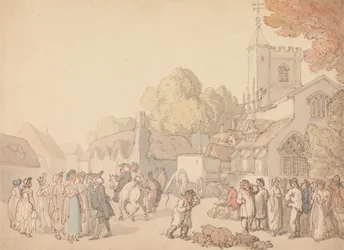 Une scène de village devant une église