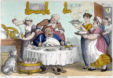 Bourgeois devant un repas pléthorique servi par de nombreux domestiques - caricature de Rowlandson