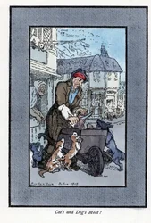 Boucher itinérant découpant un morceau de viande, attaqué par des chiens et des chats