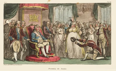 Le capitaine Johnny Newcome présentant les trophées de guerre, le chapeau du roi Joseph Bonaparte et le bâton du maréchal Jean-Baptiste Jourdan, au prince régent à Carlton House. Gravure à la main en cuivre dessinée et gravée par Thomas Rowlandson tirée de