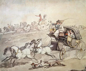 Carrosses et cavaliers à toute vitesse à travers une prairie