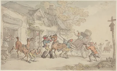 Changement de chevaux dans un relais de poste en France