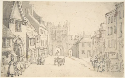 Vue de la ville avec une porte médiévale (peut-être York)