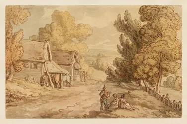 Chaumière et grange avec des figures se reposant au bord d