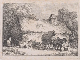 Chalet avec une charrette et des cochons