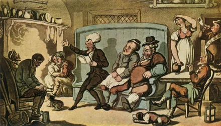 Le Dr Syntax lisant son tour dans la cuisine de la Vache Dun, vers 1815
