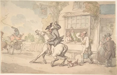 Le Dr Syntax avec un cheval récalcitrant devant une auberge