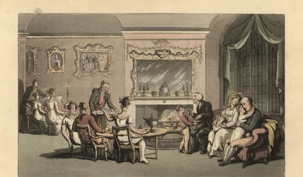 Gentleman anglais, femme et enfants se relaxant dans le salon
