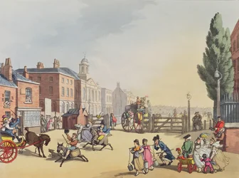 Entrée du péage de Tottenham Court Road avec vue sur la chapelle Saint-James, gravée par Heinrich Joseph Schutz (1760-1822), pub. 1809