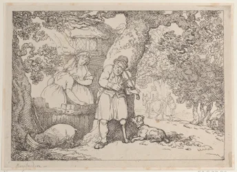 Violoniste, marin, deux femmes et un cochon près d