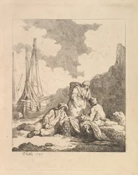 Pêcheurs au bord de la mer - Scène côtière avec un homme assis sur le sol reposant un coude sur ..., 1786