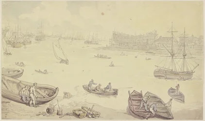 Une rivière avec de nombreux bateaux et un chantier naval