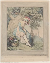 Fille avec un panier et une cage à oiseaux ajustant sa jarretière, 1785-95