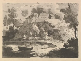 Paysage fluvial vallonné, un bateau dans l