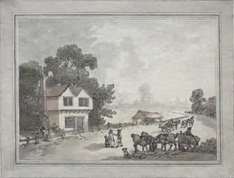 Chevaux et charrettes sur une route de campagne