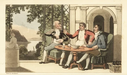 Johnny et ses amis buvant et chantant sur une terrasse surplombant la Tamise. Gravure à la main en cuivre par Thomas Rowlandson tirée de The History of Johnny Quae Genus de William Combe, le petit trouvé du défunt Dr Syntax
