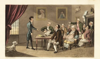 Johnny et ses créanciers. Le pauvre gentleman fait face à une salle pleine de commerçants et de boutiquiers exigeant le remboursement de ses dettes. Gravure à la main par Thomas Rowlandson tirée de The History of Johnny Quae Genus de William Combe, le peti