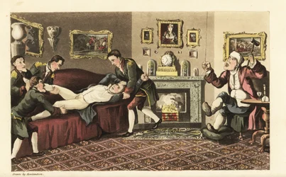 Johnny ivre sur le canapé de la maison de Sir David Dangle, jeté dehors par les valets en livrée. Gravure à l