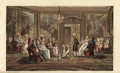 Johnny donne une grande fête. Événement social dans un grand manoir, avec des invités jouant aux cartes, chantant des chansons, parlant, dansant et socialisant. Gravure à l