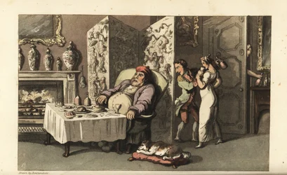 Johnny offrant discrètement un verre de vin à la servante Molly dans le salon pendant que Sir Jeffery Gourmand dort à la table à manger. Presque surpris par un autre domestique à la porte. Gravure à la main en cuivre par Thomas Rowlandson tirée de The Hist