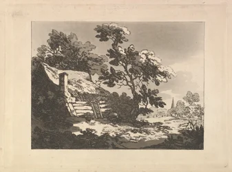 Paysage avec une chaumière parmi les arbres à gauche, et une flèche d