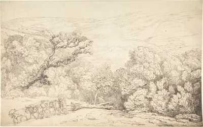Paysage avec des bœufs et un arbre abattu