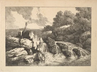 Paysage avec deux pêcheurs grimpant sur des rochers près d