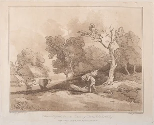 Paysage avec une figure portant un fagot de branches, un taillis derrière, deux vaches, 21 mai 1789