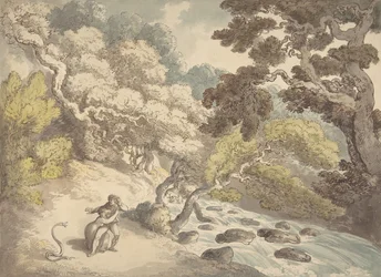 Paysage avec ruisseau tumultueux et un couple sur la rive, effrayé par un serpent
