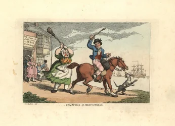 Homme battant un cheval têtu avec un gourdin, tandis que le propriétaire Wido