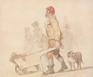 Un homme avec une brouette et un chien