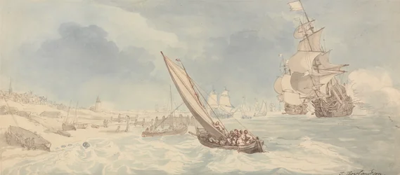Navires de guerre et voiliers près du rivage