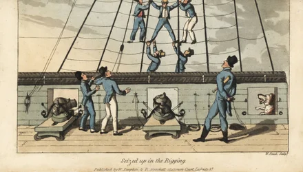 Rite de passage naval: Johnny est saisi et écartelé dans le gréement par ses camarades marins. Gravure à l