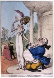 Homme obèse courtisant une patiente tuberculeuse : hydropisie et consomption, début du 19e siècle (caricature)