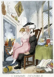Vieil homme (ecclésiastique) tripotant une jeune femme assise sur ses genoux - caricature de Rowlandson
