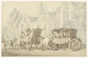 Voiture de voyage ouverte et carrosse dans une rue quasi-hollandaise