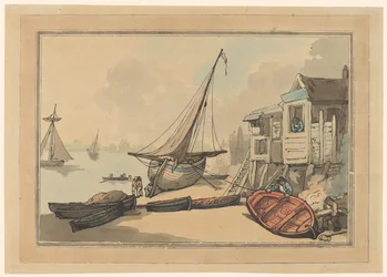 Des barques à rames et un voilier sur une rive