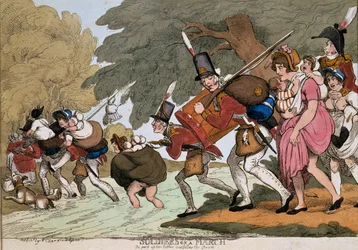 Soldats en marche, gravure de G.M. Woodward, publiée en 1811